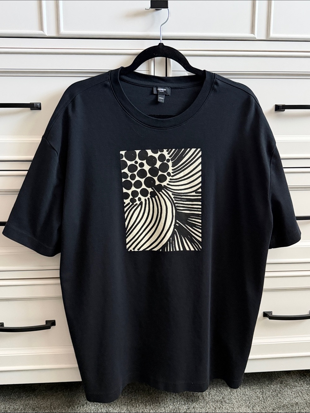 Express Black Tee with Cream Abstract Square Graphic
